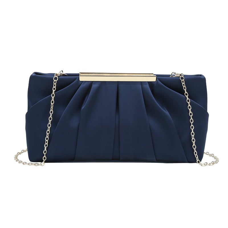 CHARMING TAILOR Clutch Evening Bag Elegant Pleated Satin Formal Handbag Simple Classy Purse for Women (Navy) - Image 2
